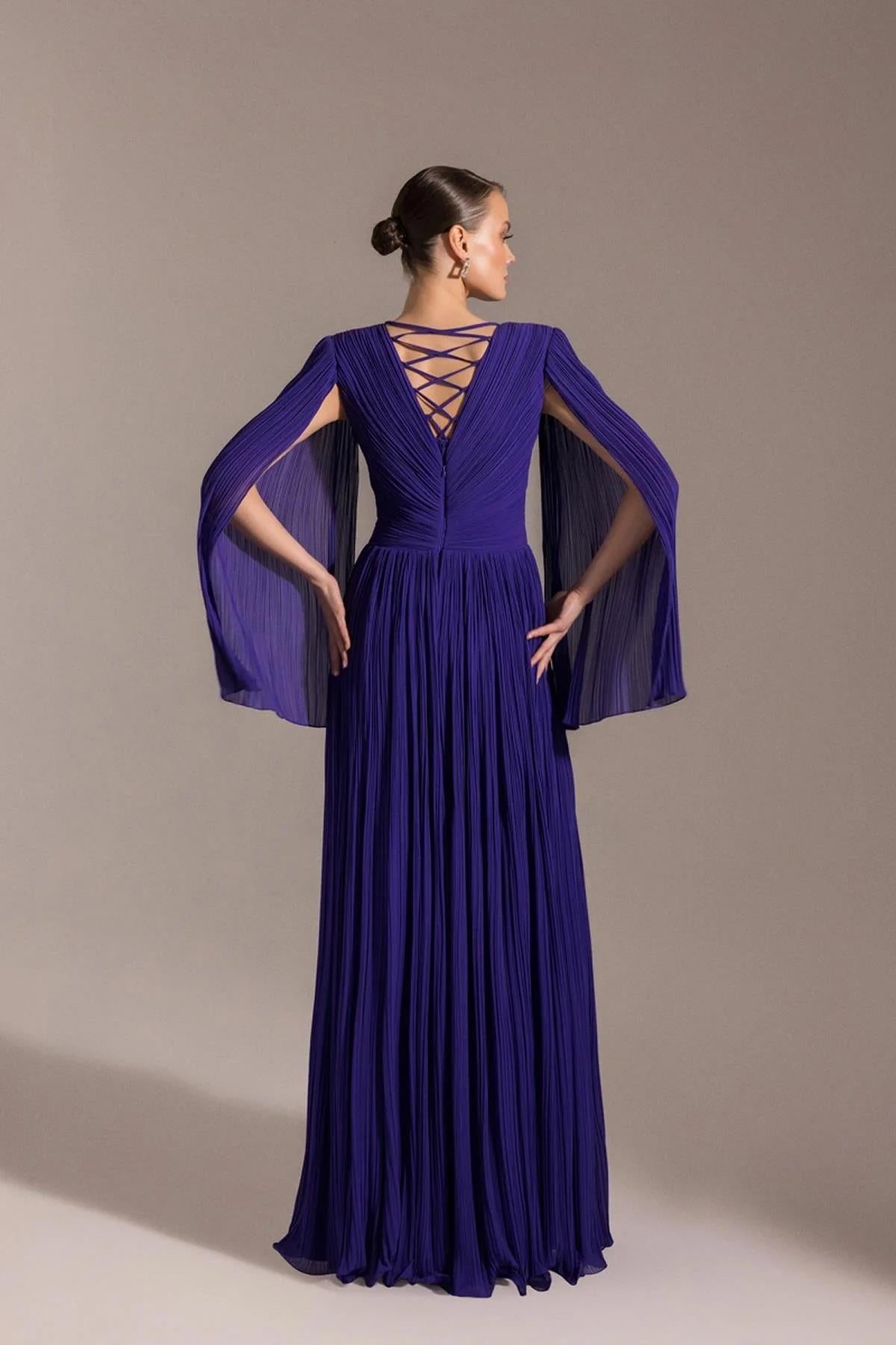 Long Sleeve Flared Pleated Evening Dress