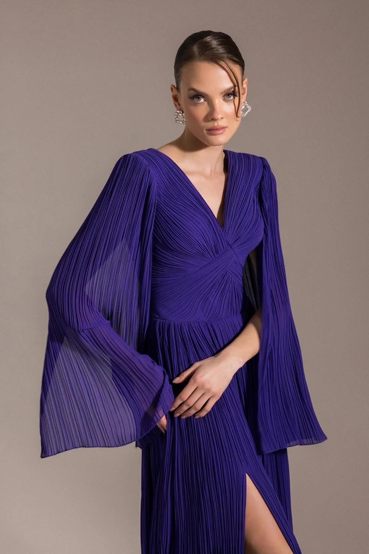 Long Sleeve Flared Pleated Evening Dress