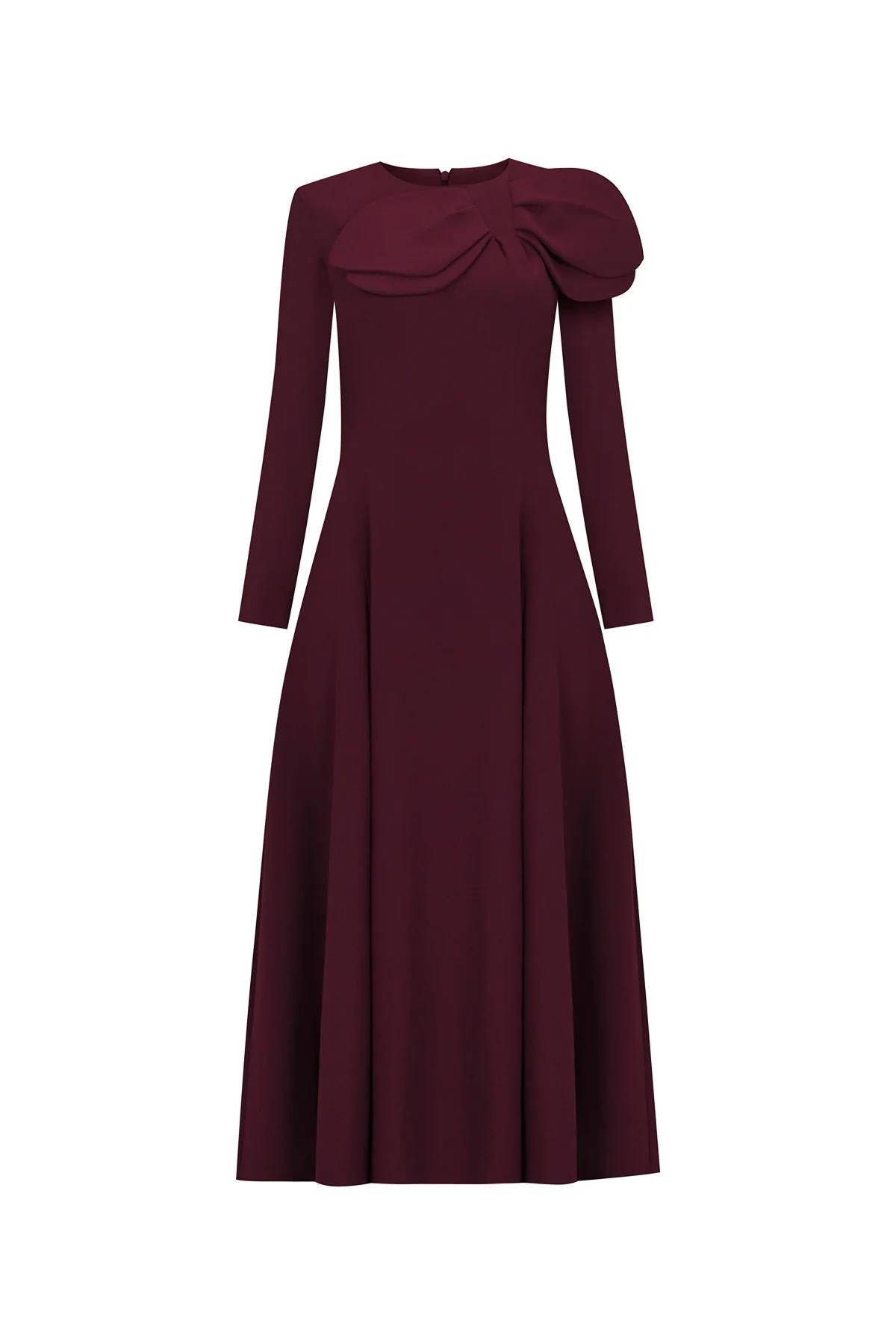 Long Sleeve Asymmetrical Bow Detail Midi Dress