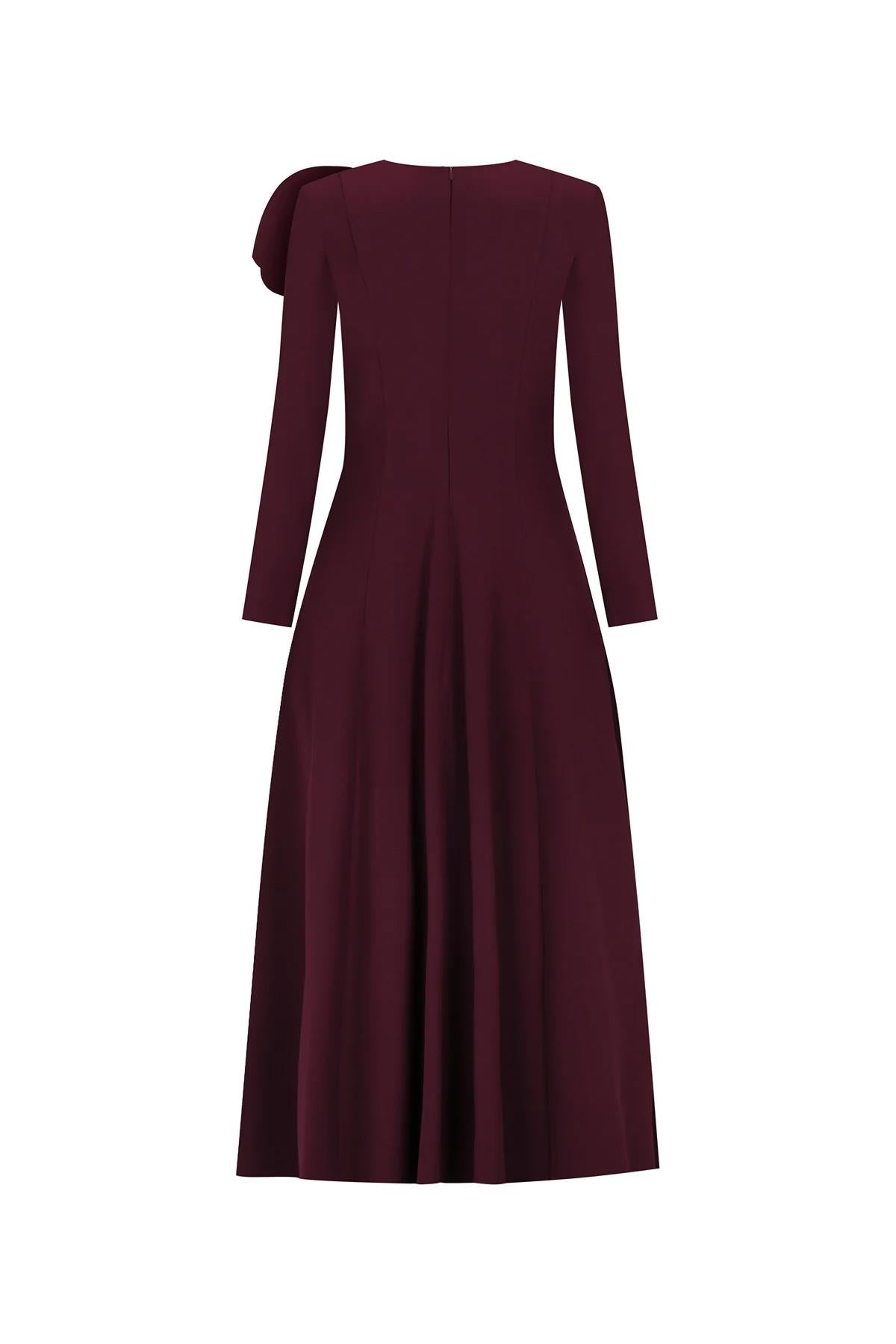 Long Sleeve Asymmetrical Bow Detail Midi Dress