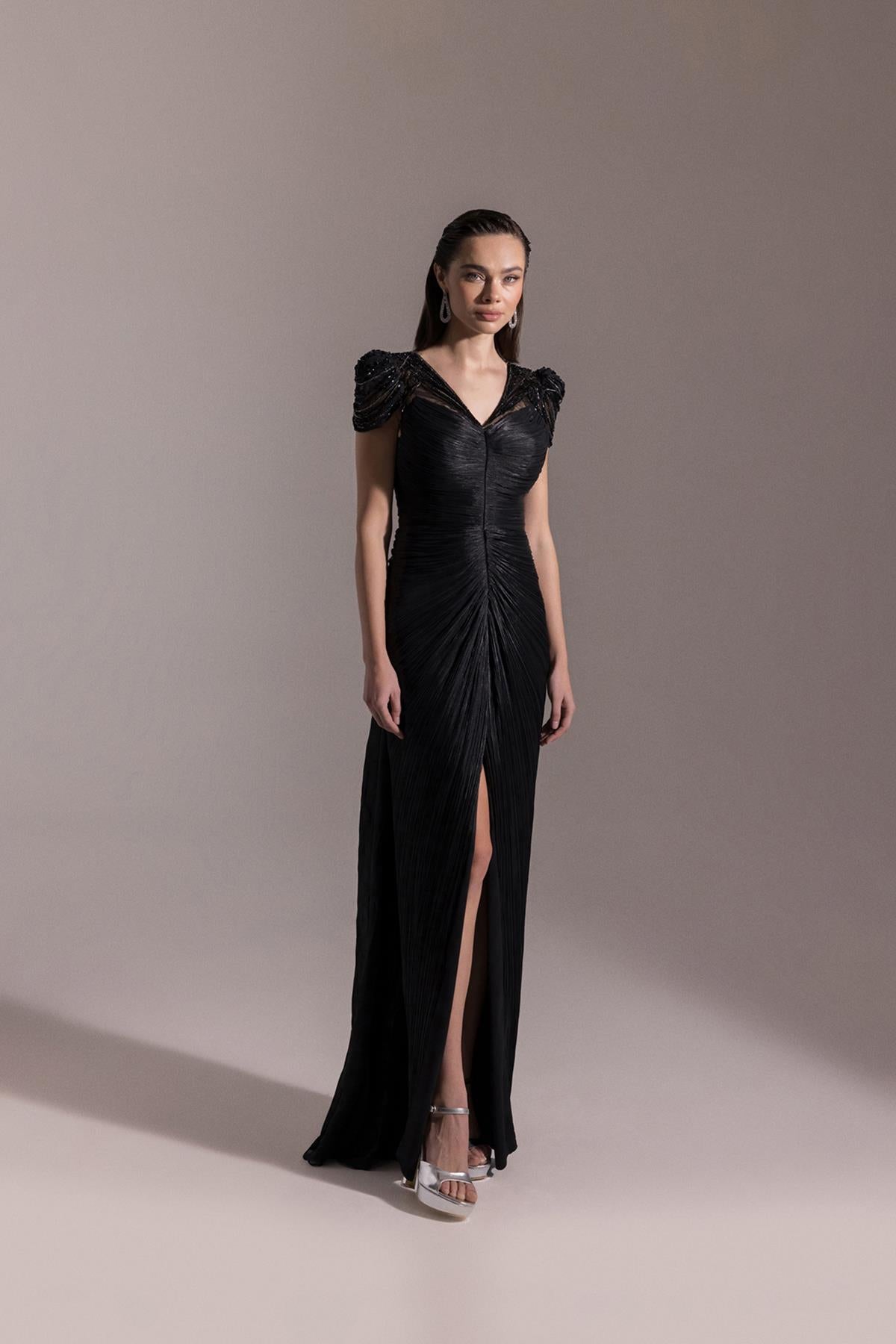 Shoulder Beaded Embroidered V Neck Front Slit Plus Size Evening Dress