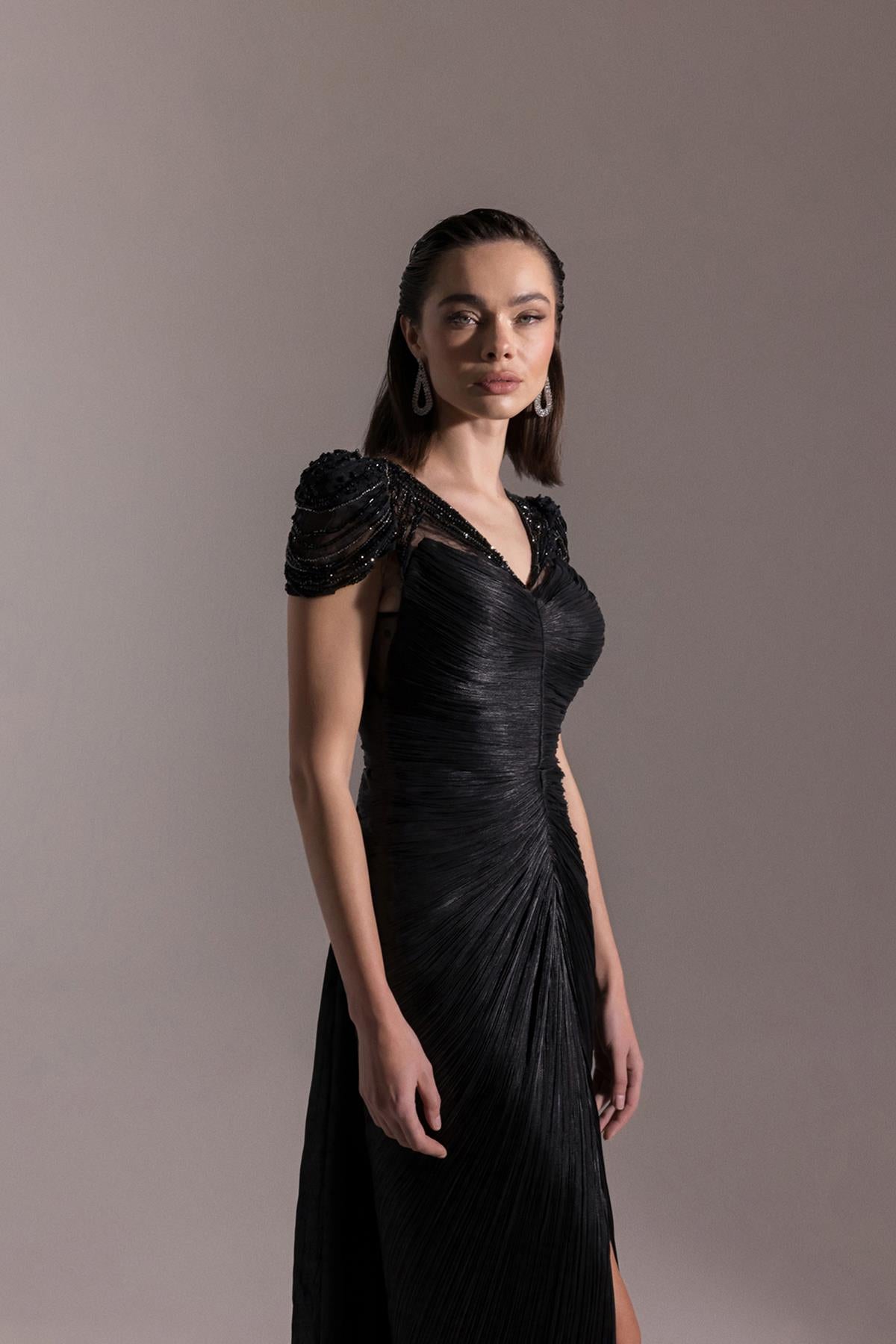 Shoulder Beaded Embroidered V Neck Front Slit Plus Size Evening Dress