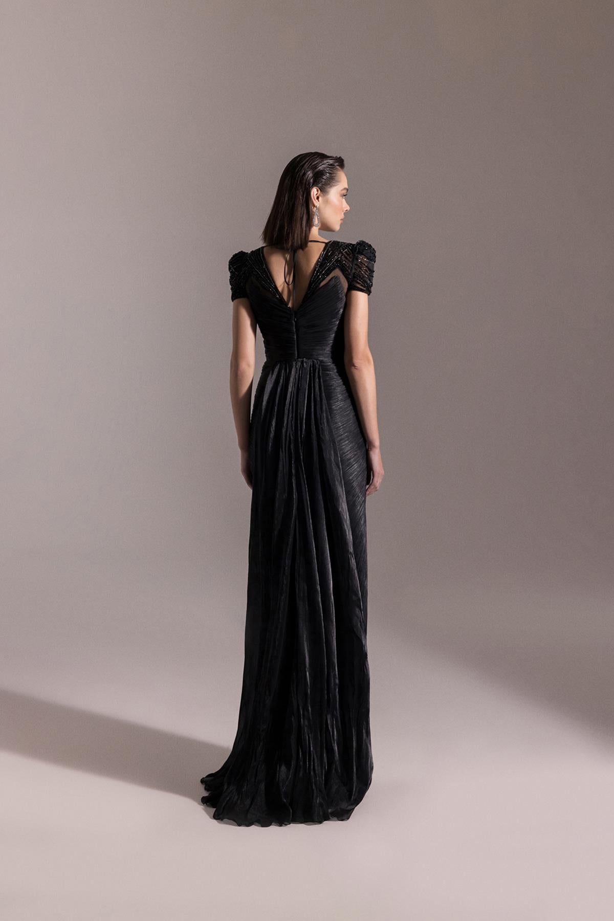 Shoulder Beaded Embroidered V Neck Front Slit Plus Size Evening Dress