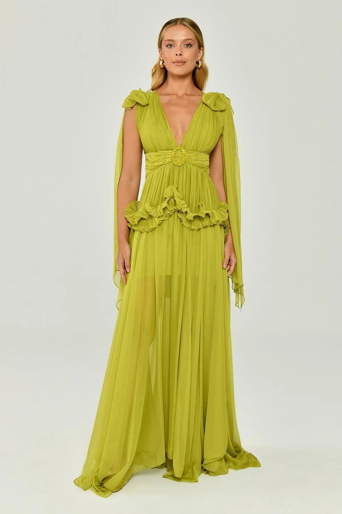 V-Neck Pleated Chiffon Long Evening Dress