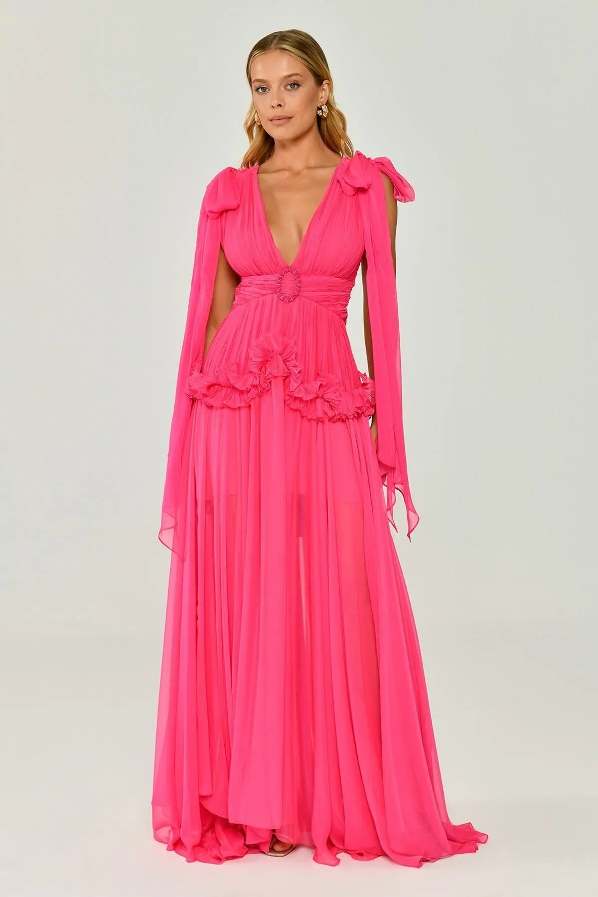 V-Neck Pleated Chiffon Long Evening Dress