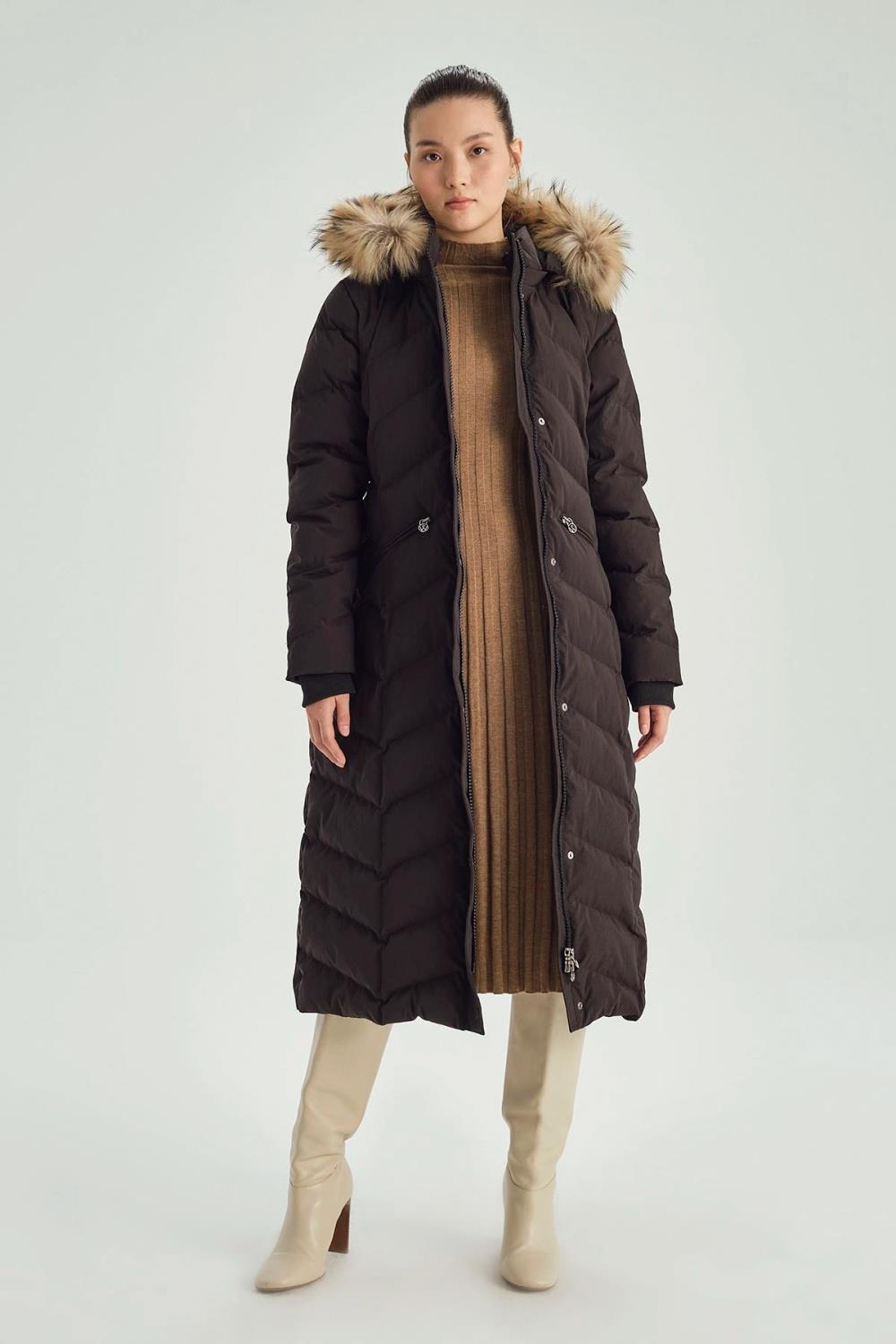 Kapüşonlu Kürklü Şişme Kadın Kaban