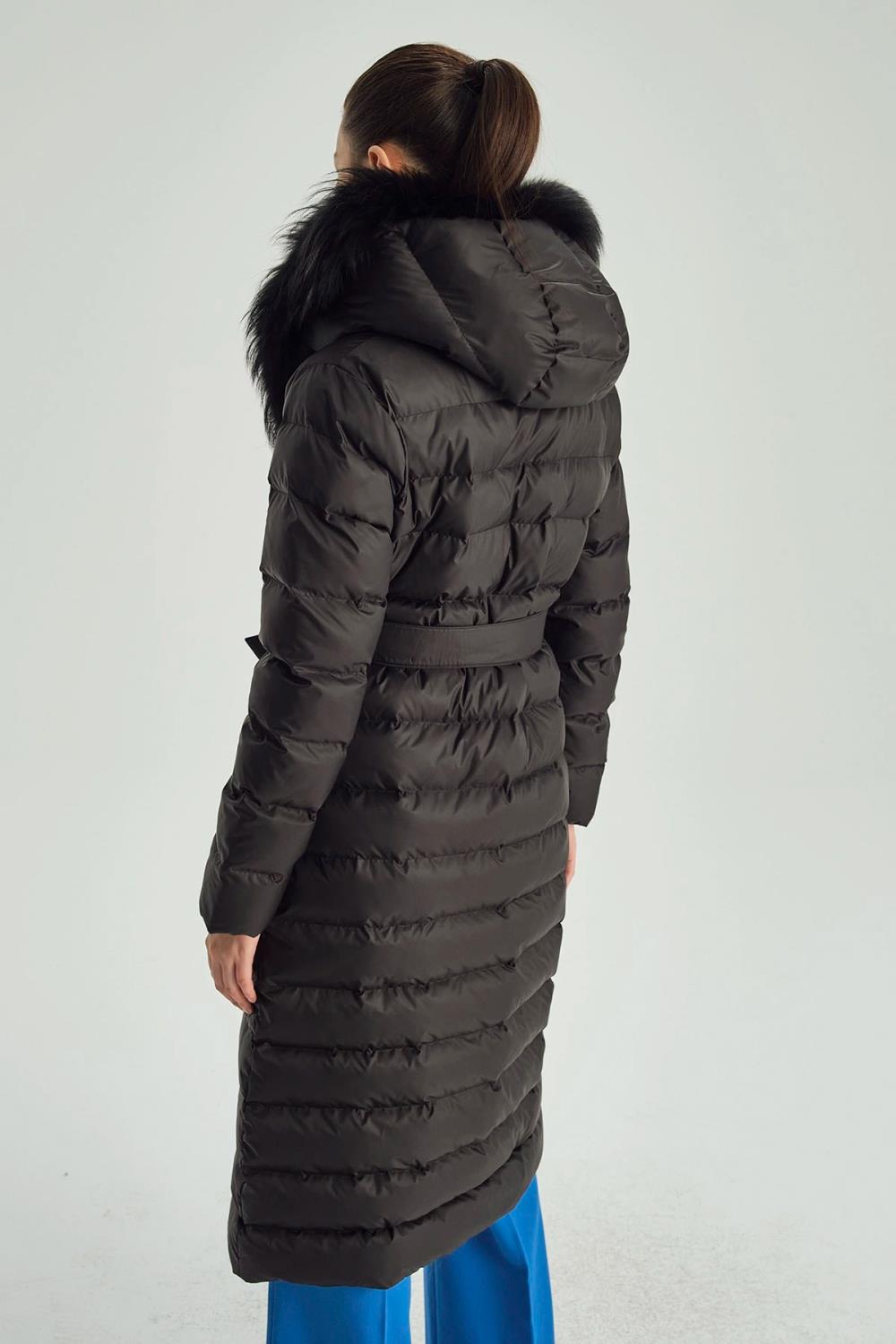 Milano Kapüşonlu Kürklü Kuşaklı Şişme Kadın Kaban