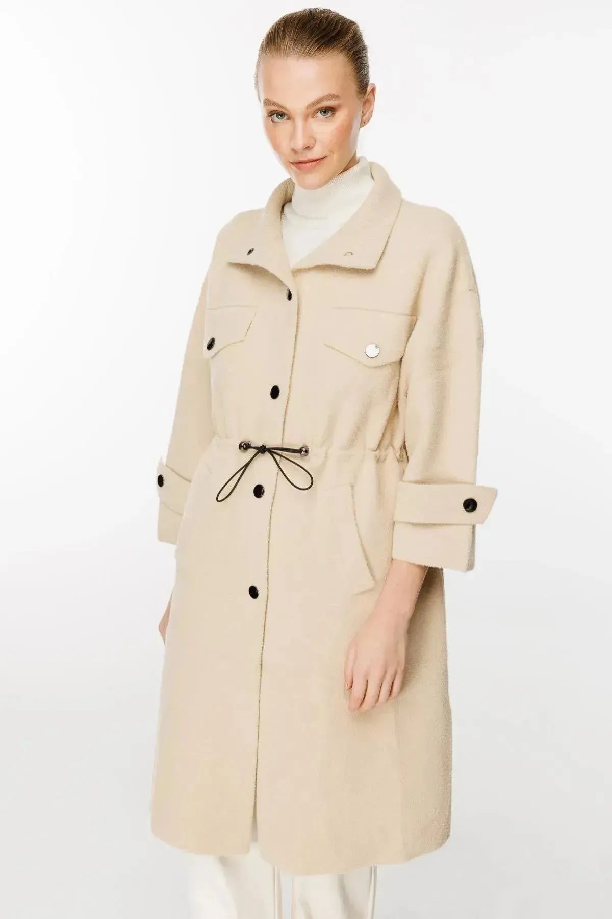Elastic Collar and Tied Waist Coat