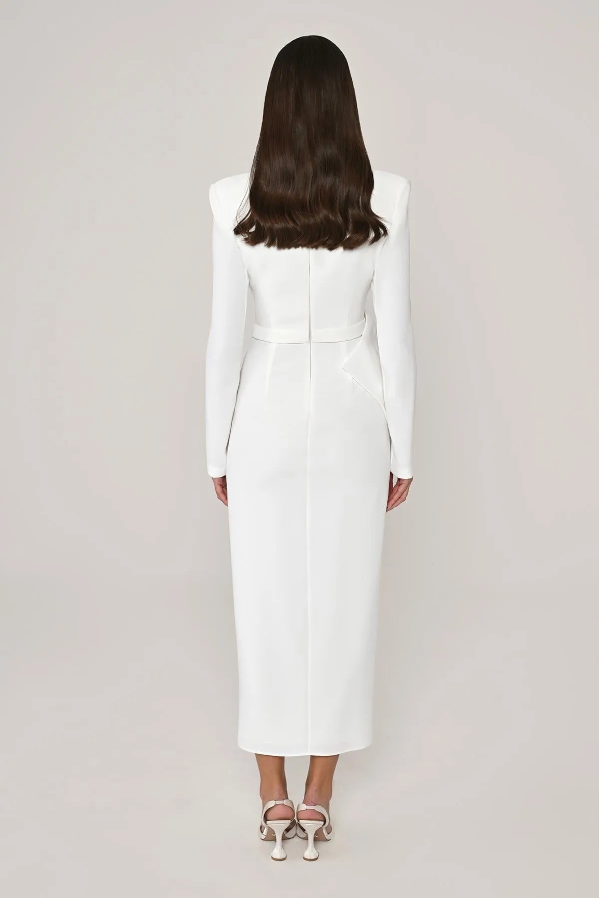 Midi Evening Dress with Window Detail on the Collar and Slit in the Front