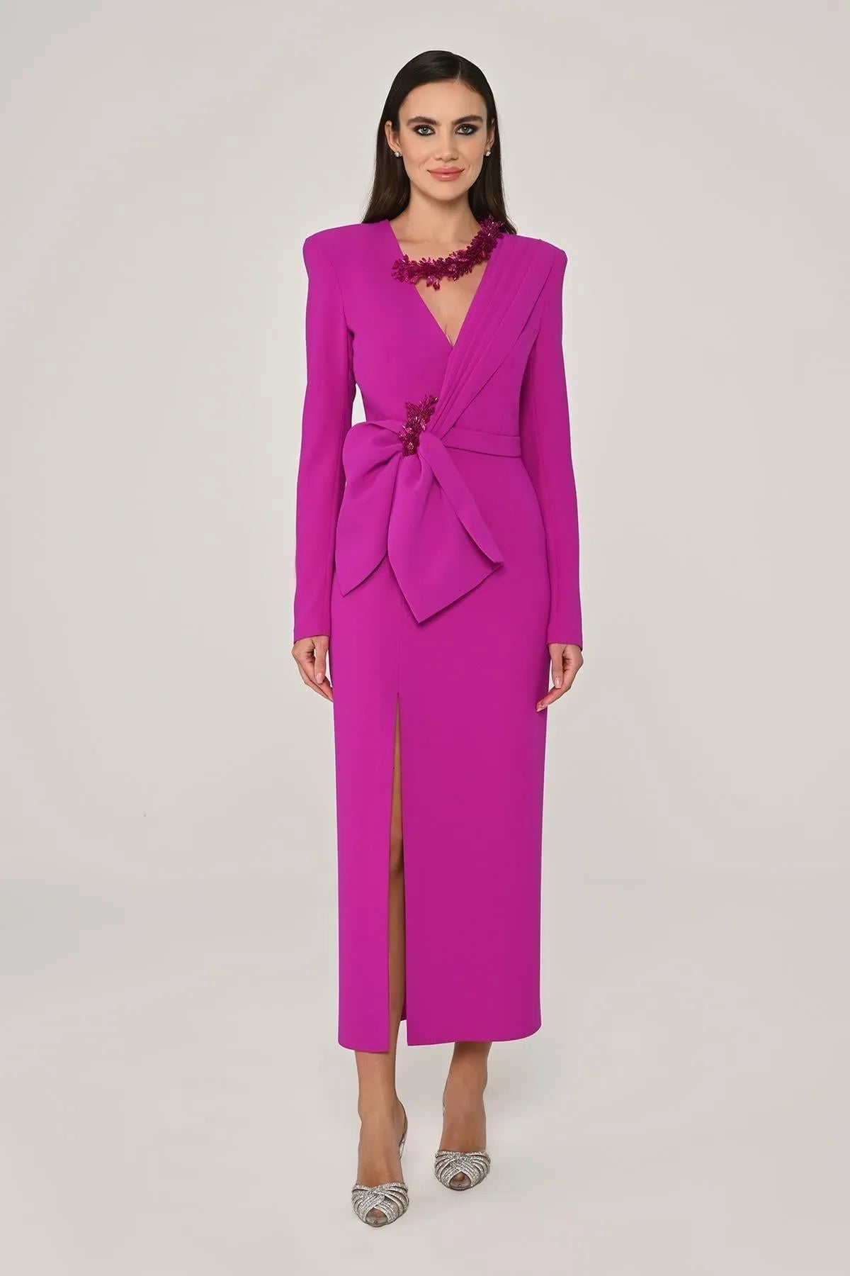 Midi Evening Dress with Window Detail on the Collar and Slit in the Front