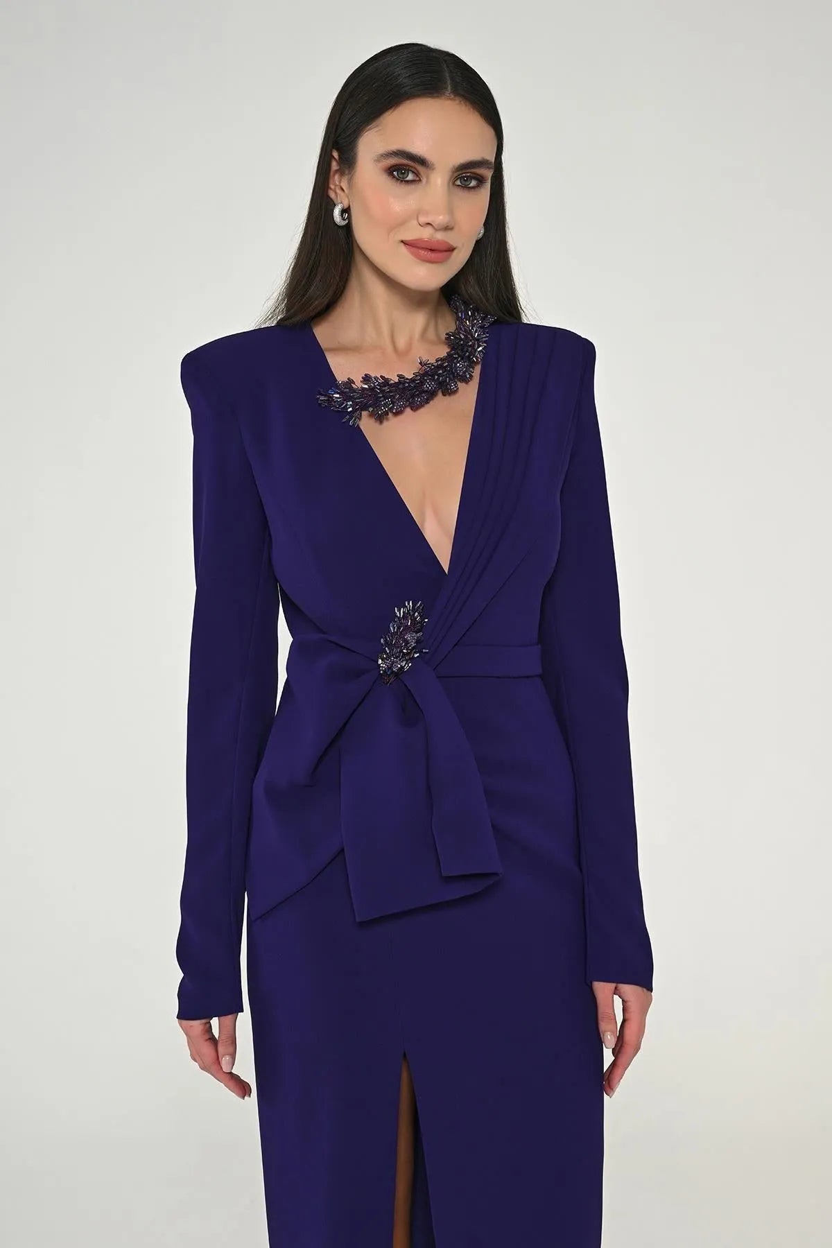 Midi Evening Dress with Window Detail on the Collar and Slit in the Front