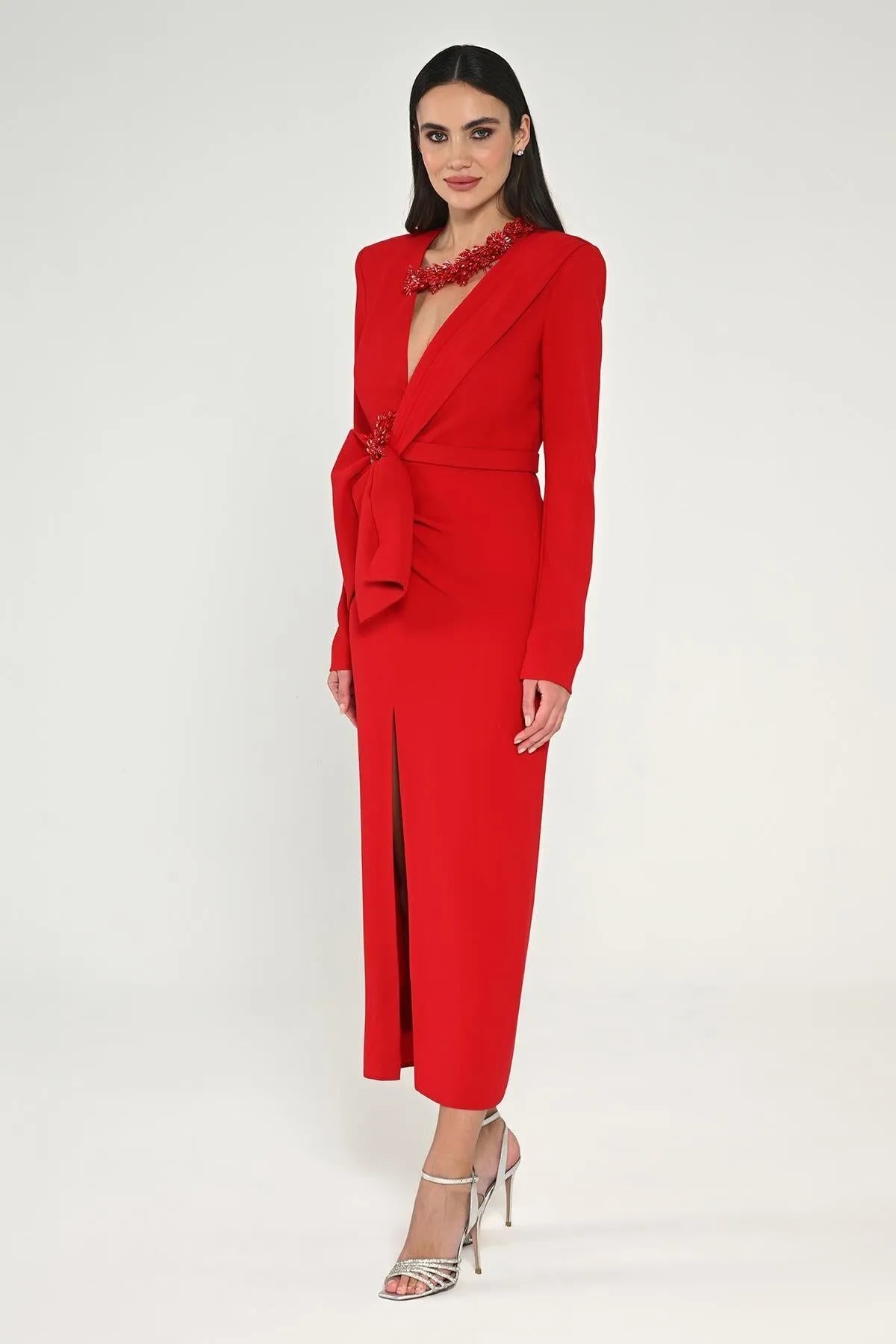 Midi Evening Dress with Window Detail on the Collar and Slit in the Front