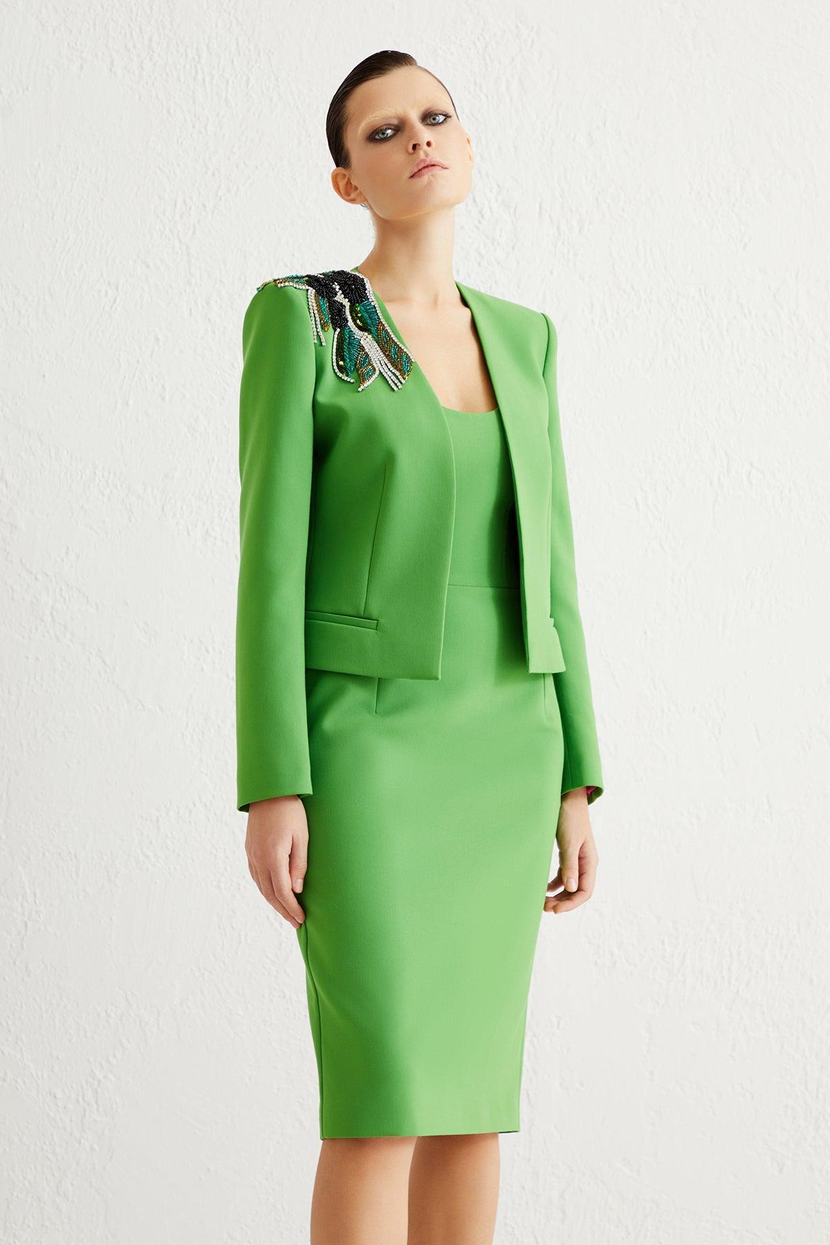 Yeşil Kasnak İşleme Kısa Kadın Ceket - Eser Giyim